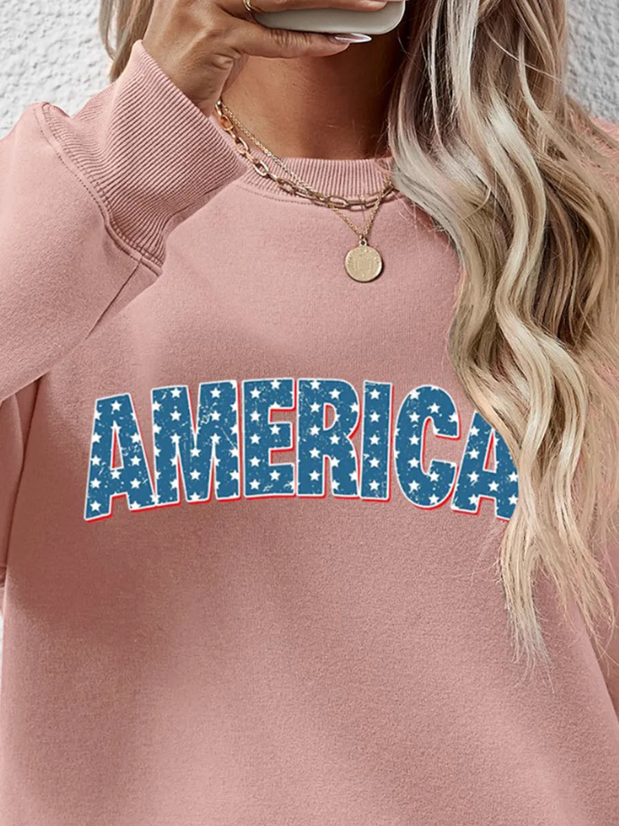 Blush pink crewneck sweatshirt with America graphic, crewneck, long sleeves