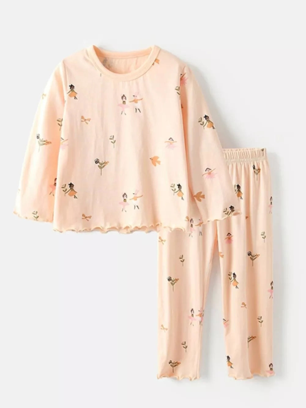 Toddler ballerina print pajama set in peach cotton blend with ruffled hems.