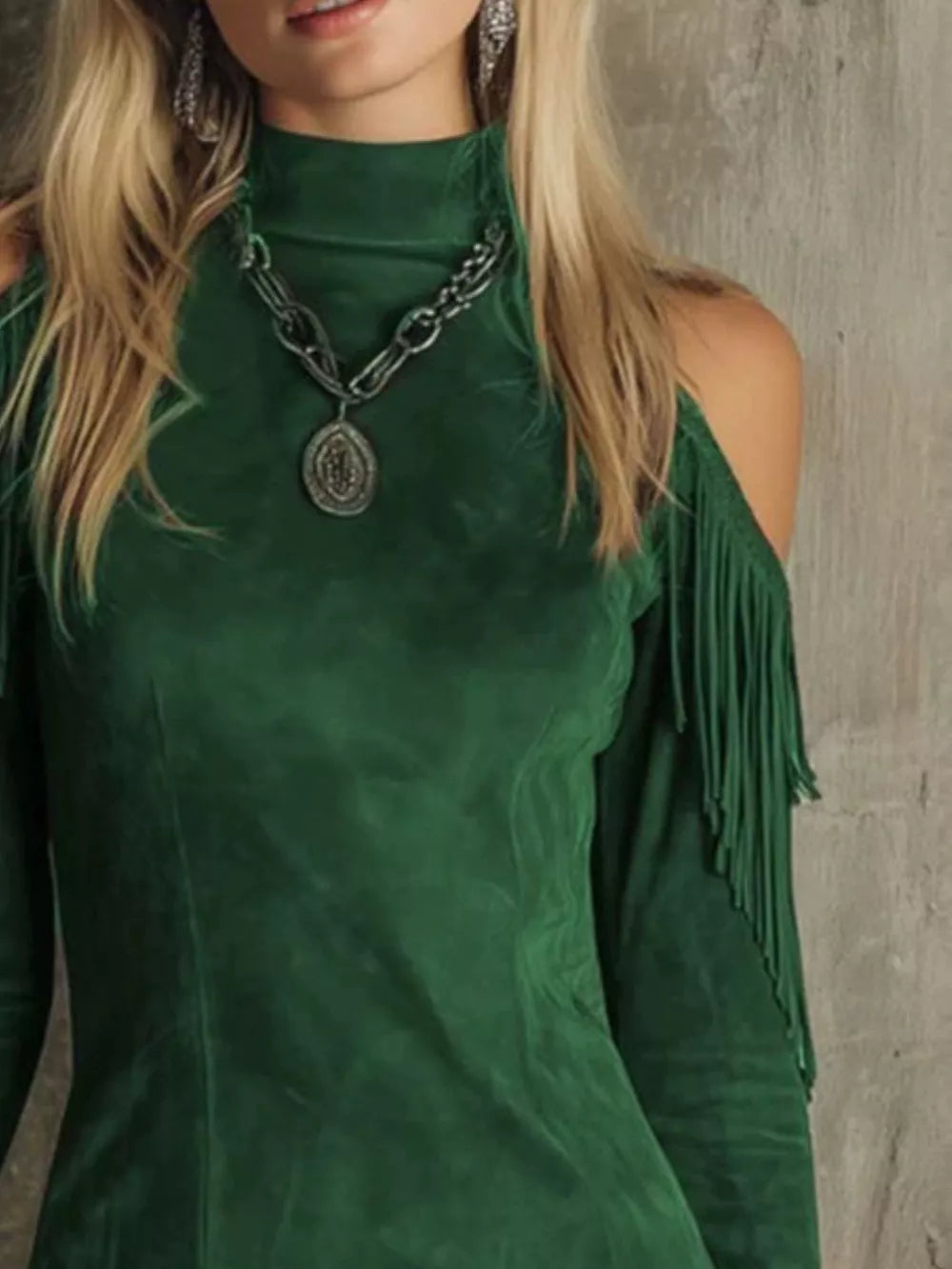 Green fitted mini dress with mock neck
