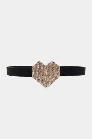 Black elastic belt with a rose gold geometric crystal heart buckle