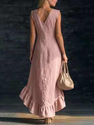 Light Blue Full Size V-neck Ruffle Hem High-low Dress