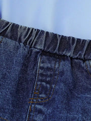 Denim skirt with elastic waistband and contrast stitching detail.