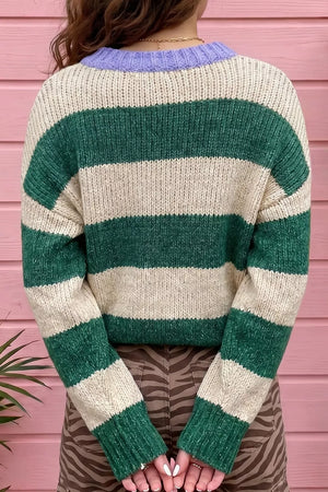 Striped Colorblock Drop Shoulder Pullover Sweater in Dark Green