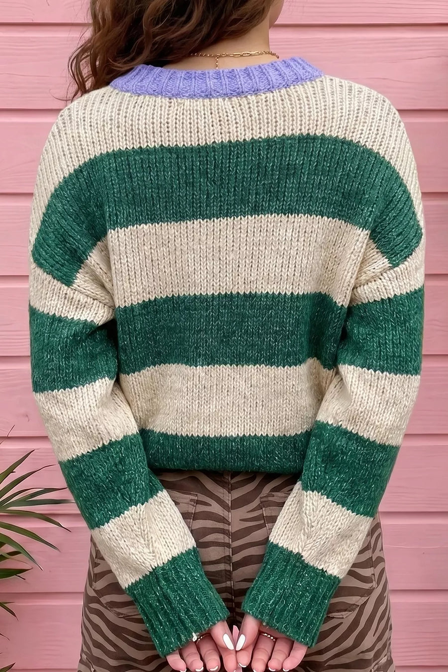 Striped Colorblock Drop Shoulder Pullover Sweater in Dark Green