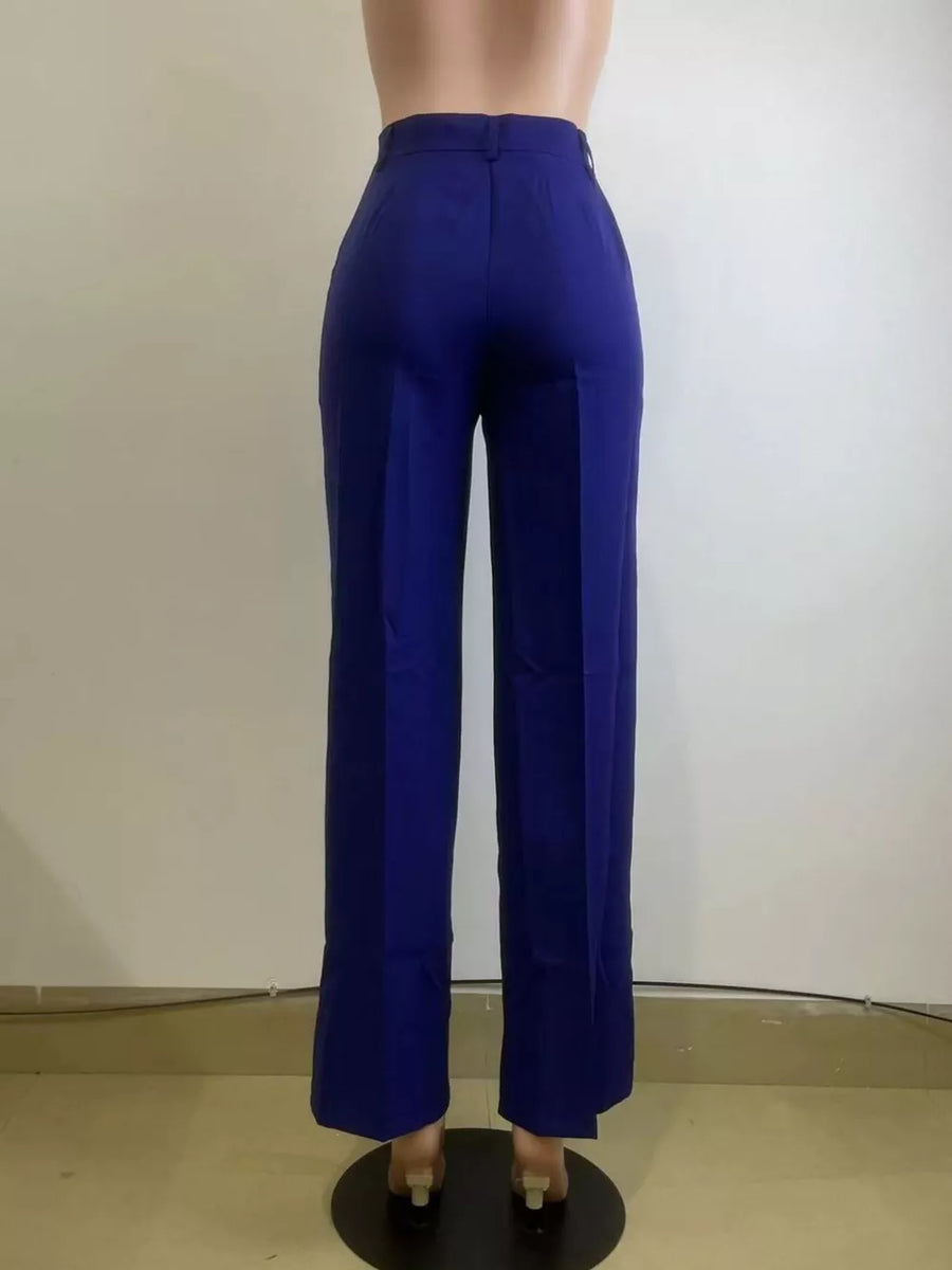 Dark blue high-waisted wide-leg trousers with a clean, tailored cut.