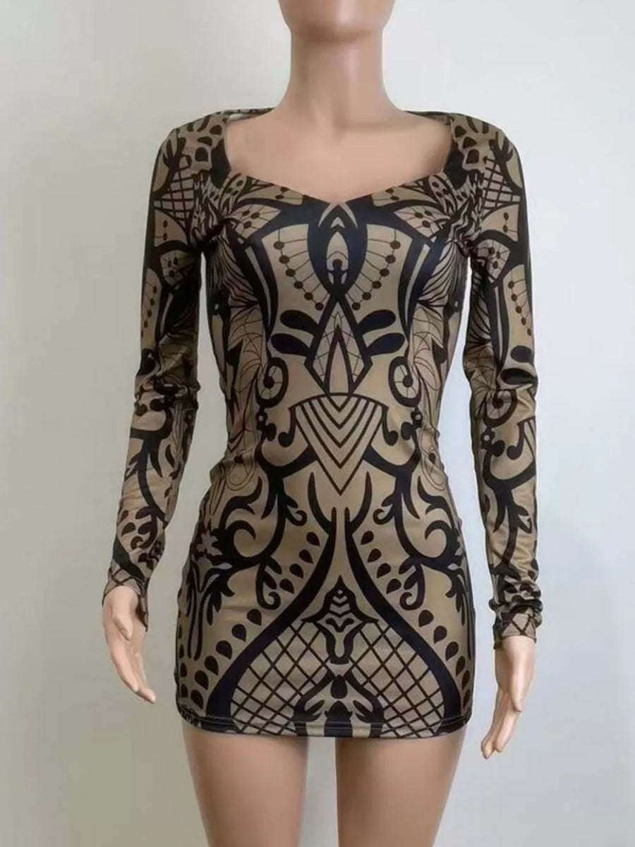 Multicolor with Abstract Print Long Sleeve Mini Dress