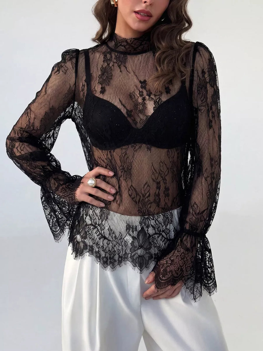 White Lace Flounce Sleeve Top
