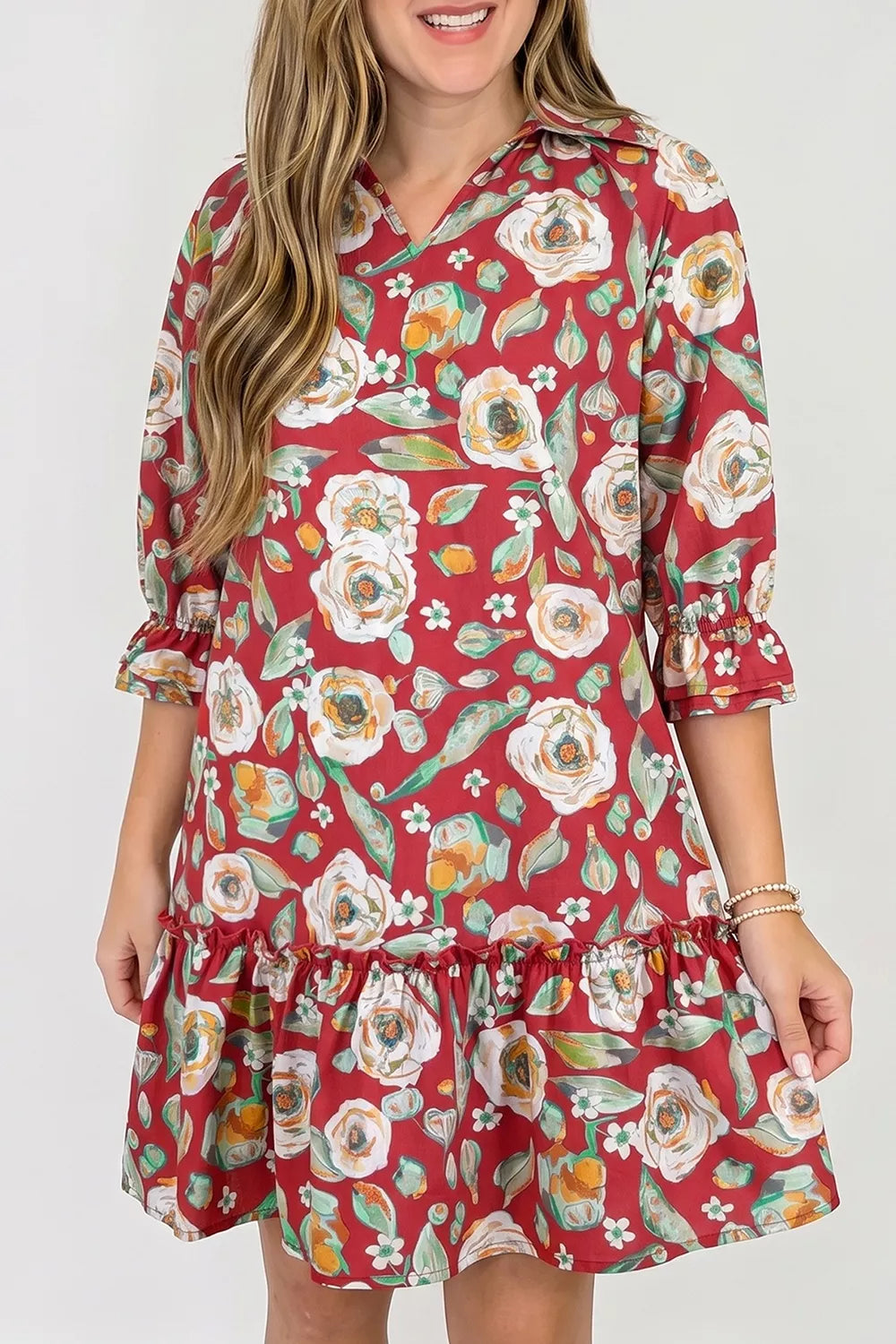 Rust Floral Print Half Sleeve Shift Dress