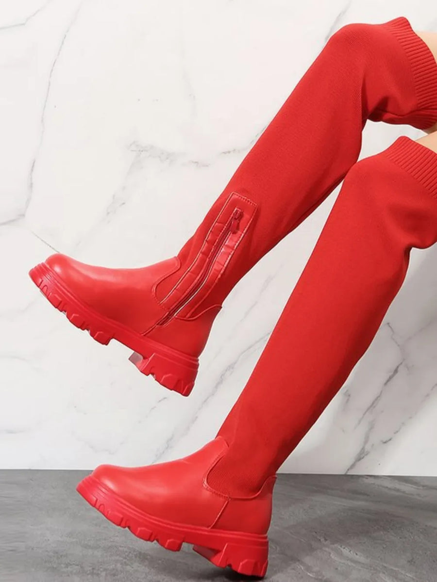 Red knit-top platform over-the-knee boots with side zipper detail