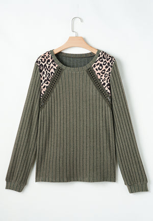 Ribbed knit long sleeve top in army green with leopard print shoulder detail and cutout accents.