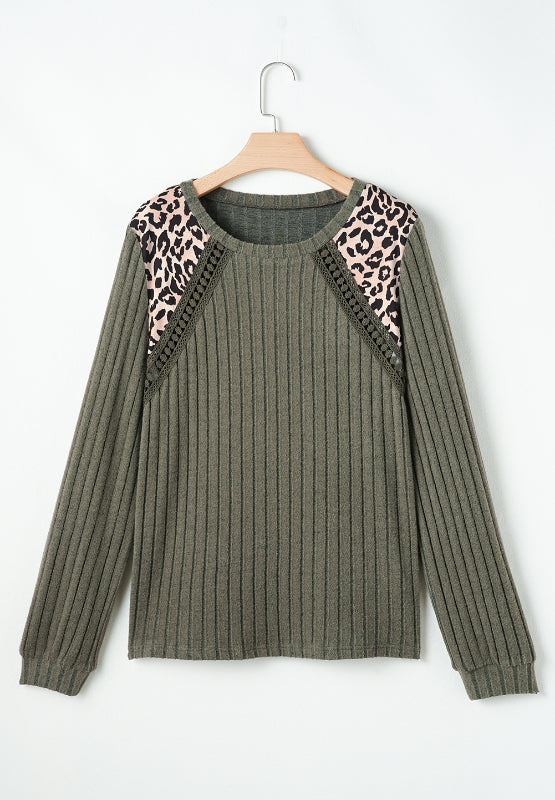 Ribbed knit long sleeve top in army green with leopard print shoulder detail and cutout accents.