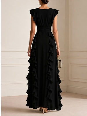 Black A-line maxi dress with deep v-neck