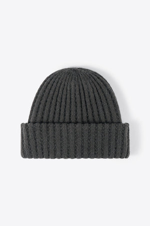 Dark Gray ribbed knit beanie with textured acrylic fabric.