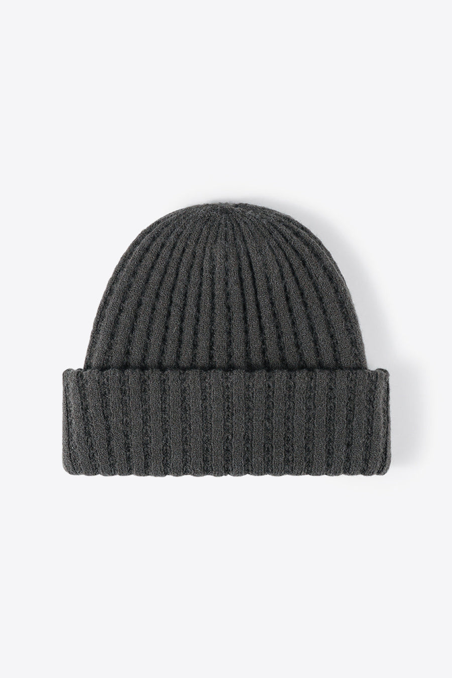 Dark Gray ribbed knit beanie with textured acrylic fabric.