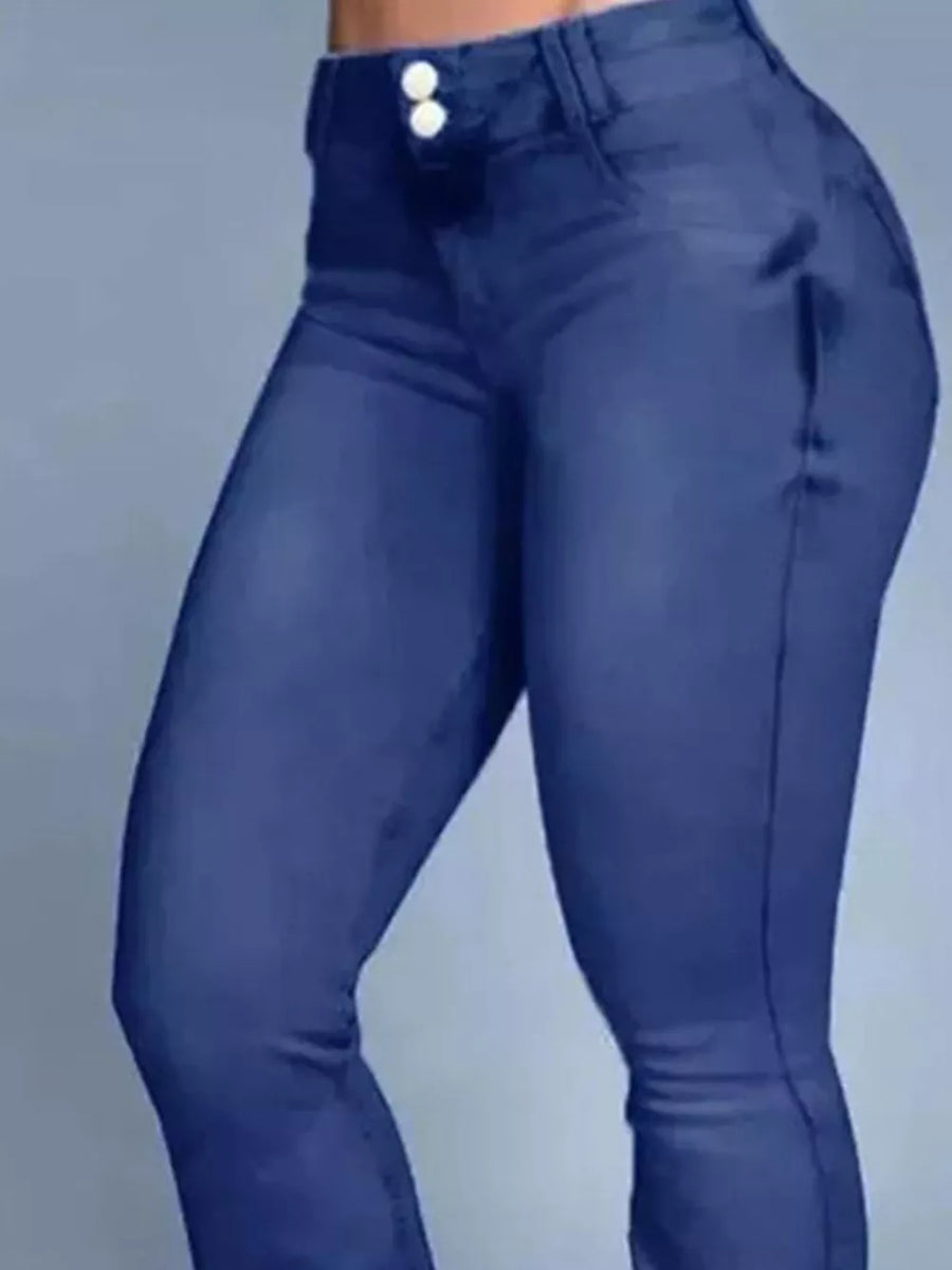 Navy blue cotton spandex jeans with double button closure and high waist.