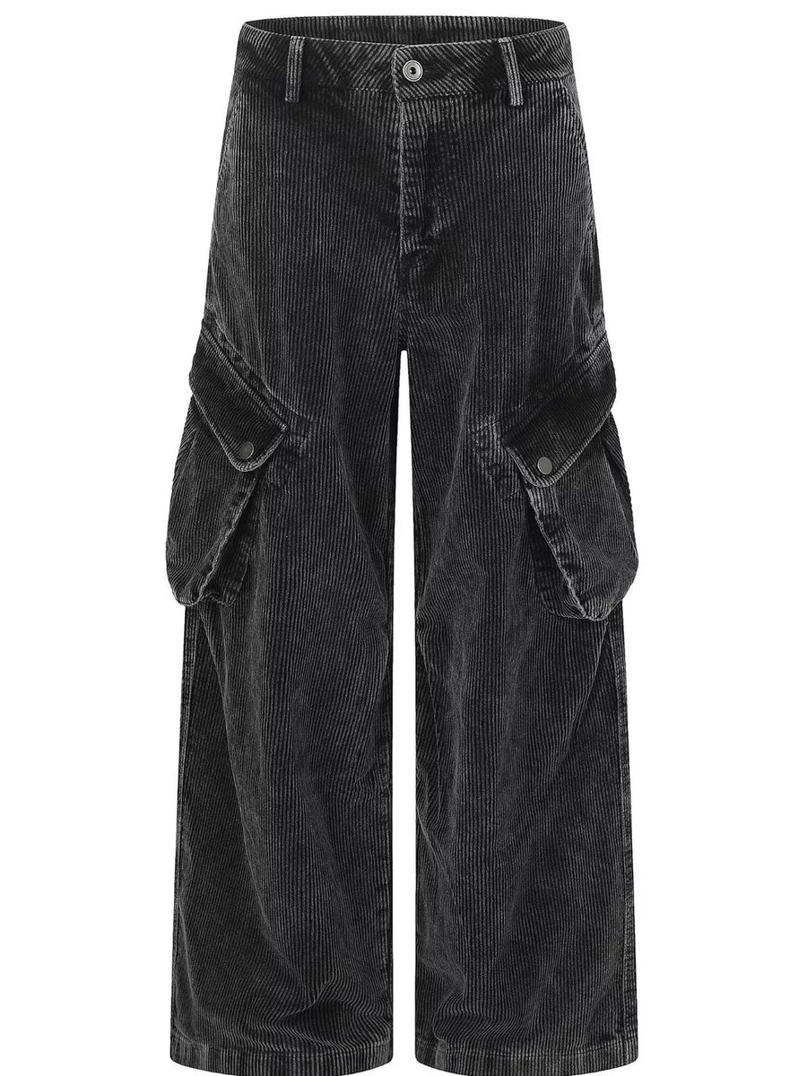 cargo pants in charcoal featuring high-waisted and wide-leg fit
