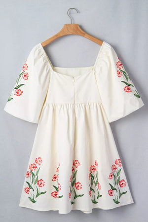 Cream floral puff sleeve square neck A-line dress with embroidered flowers.