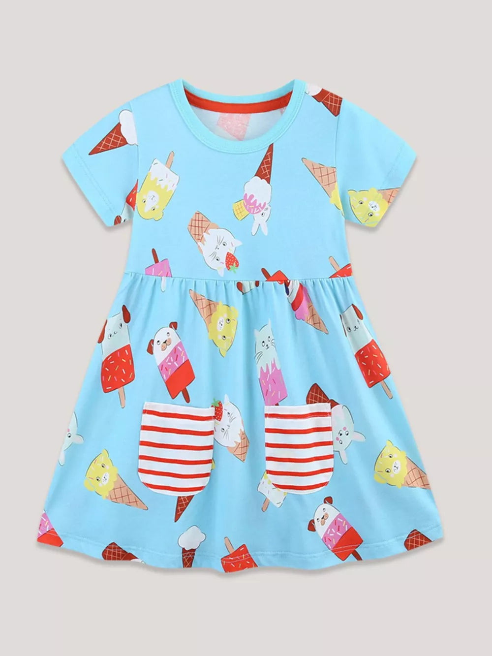 Light blue cotton blend toddler dress with ice cream print and red striped pockets.