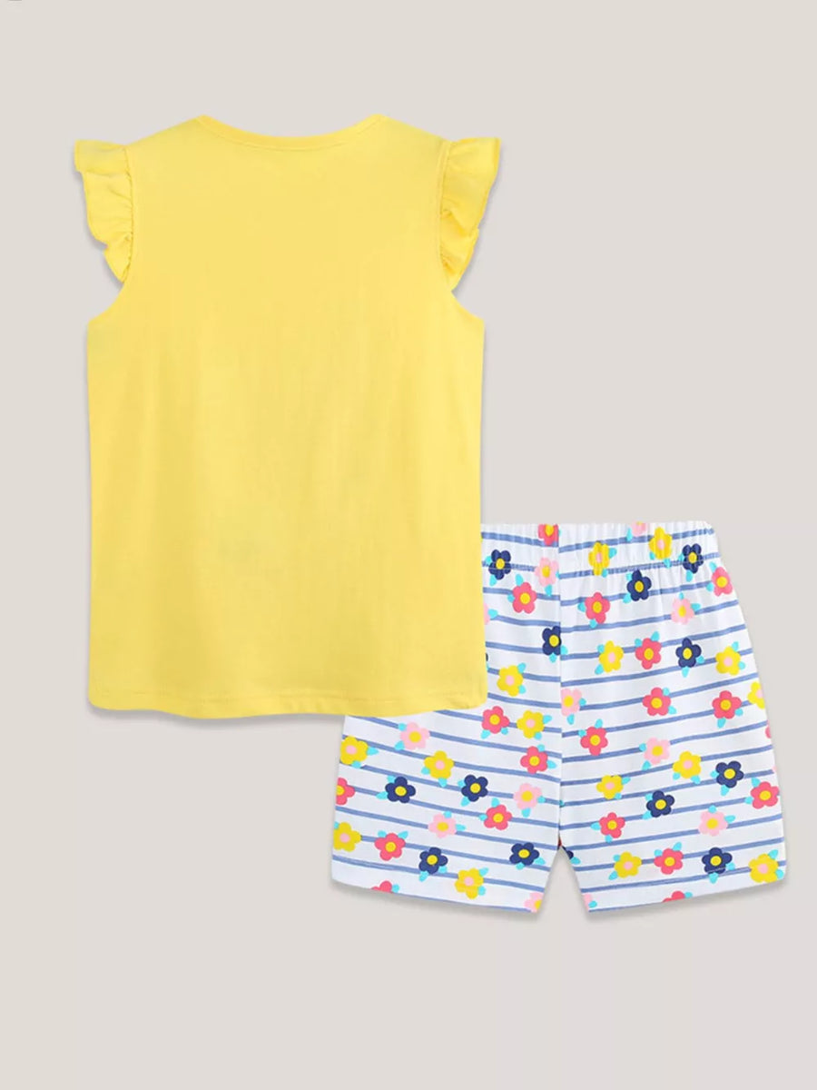 Yellow cotton toddler set with ruffle sleeves and floral striped shorts.