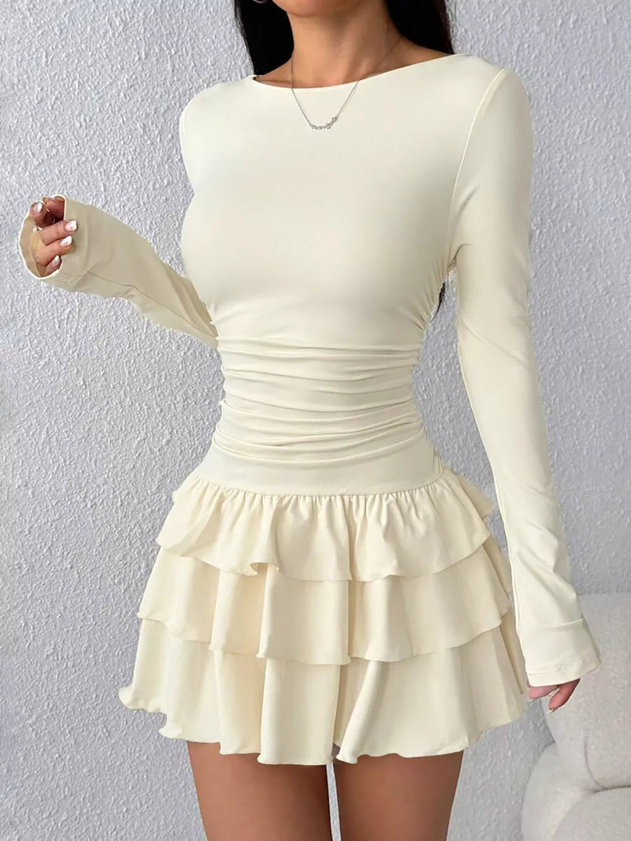 Burgundy Ruched Long Sleeve Layered Ruffle Mini Dress