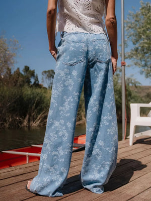 wide-leg jeans in Blue with floral and drawstring waist