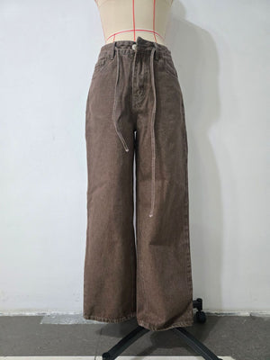 Brown wide-leg jeans with full-length and drawstring