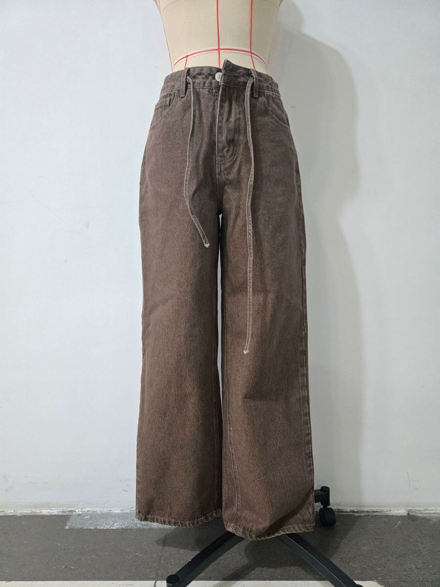 Brown wide-leg jeans with full-length and drawstring