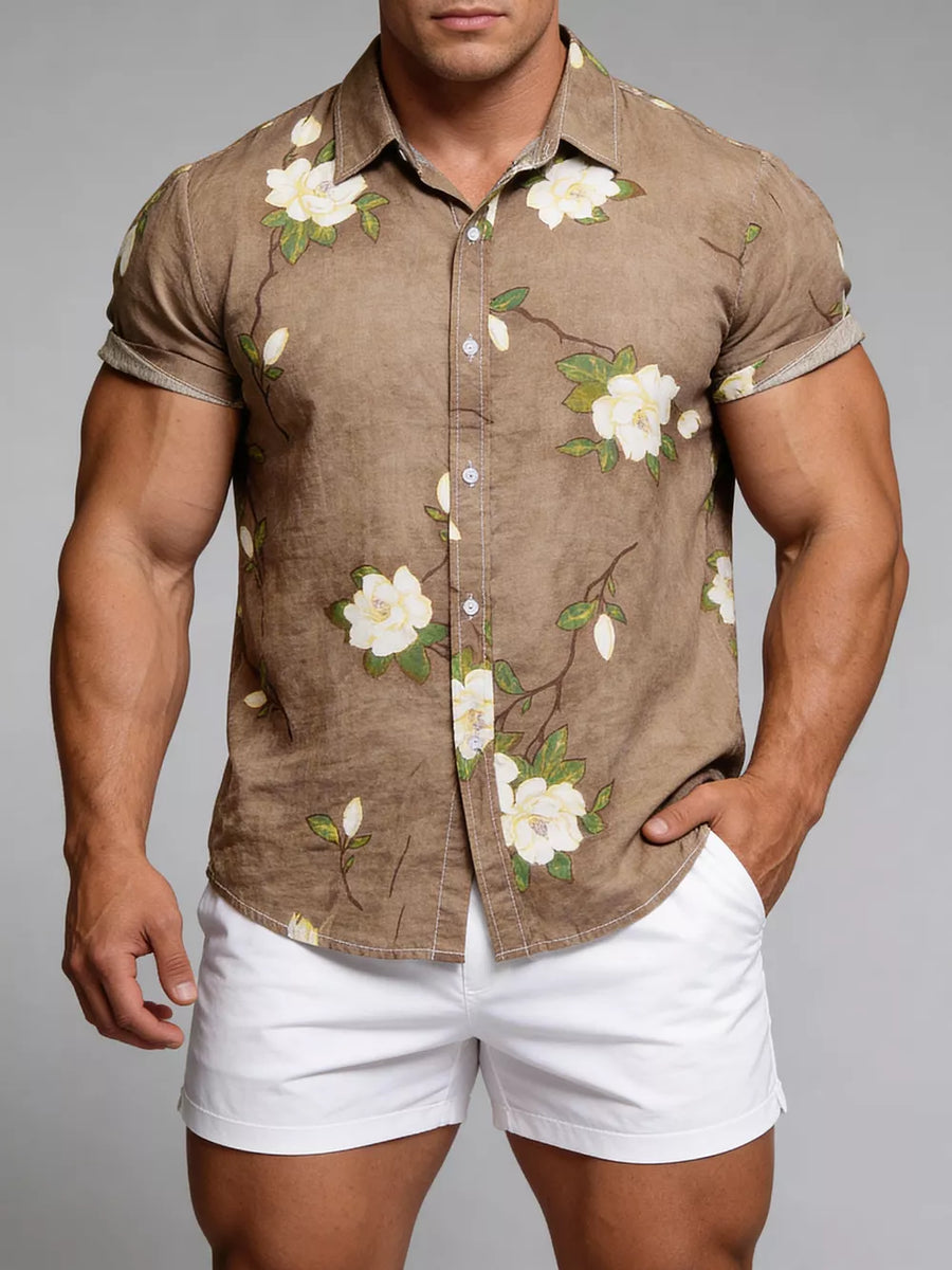 Men's Plus Size Floral Print Short Sleeve Shirt in Camel
