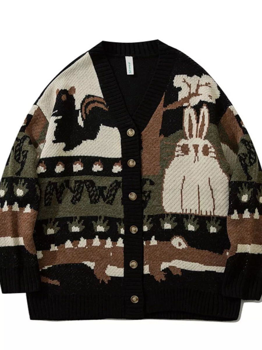 Men's Woodland Critter Knit Cardigan in Black
