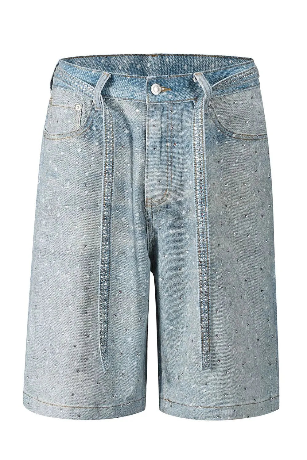 Embellished denim bermuda shorts in medium wash with allover rhinestones and a tie waist.