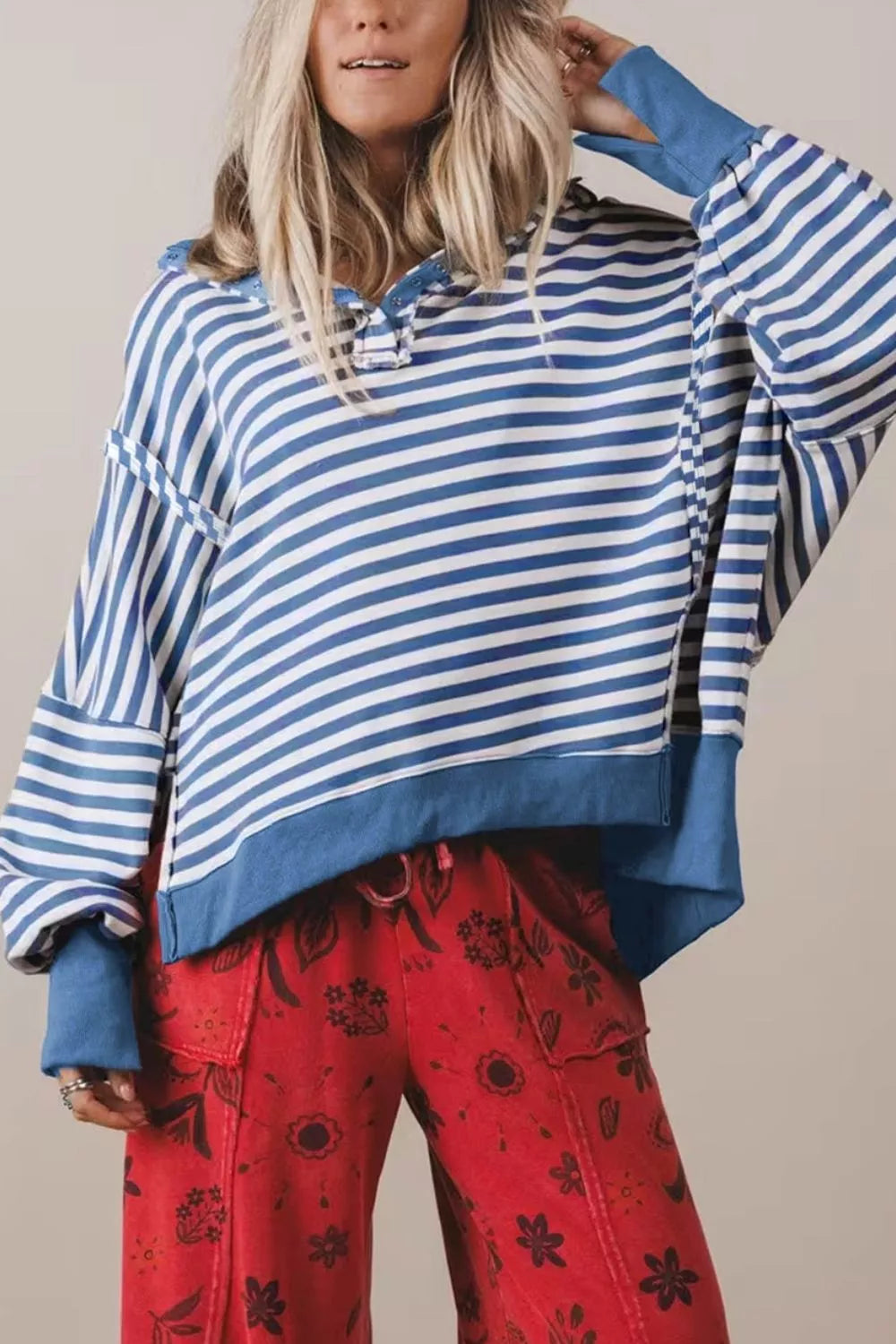 white sweatshirt with striped and henley