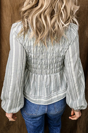 Stripe V Neck Shirred Long Sleeve Blouse option 5