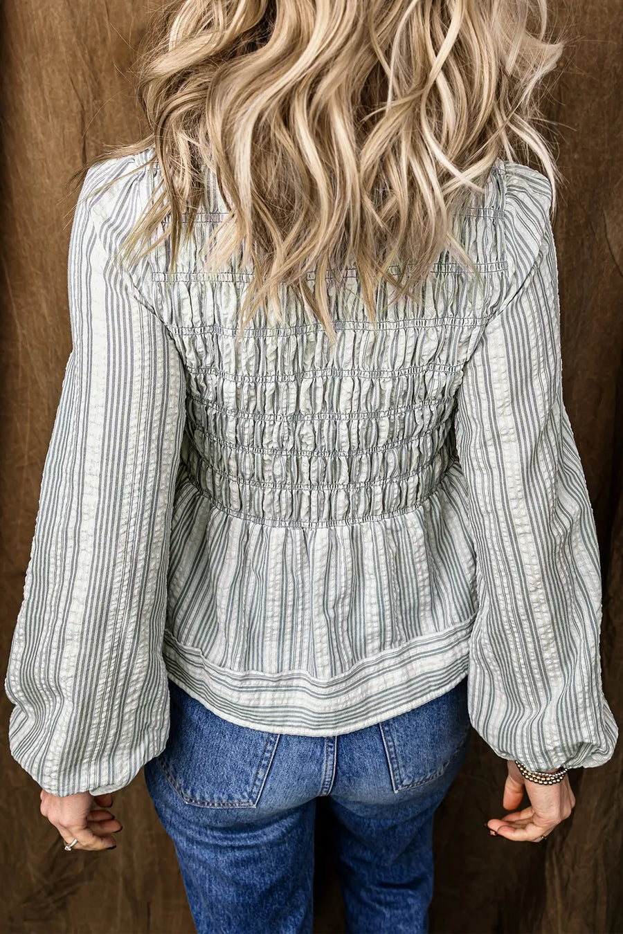 Stripe V Neck Shirred Long Sleeve Blouse option 5