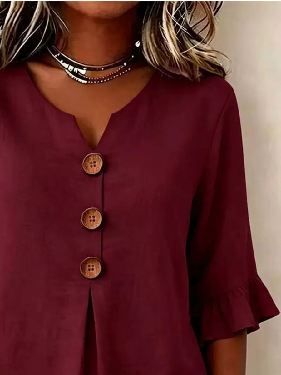 Orange-red Casual Ruffle-sleeve Decor-button Top Plus Size