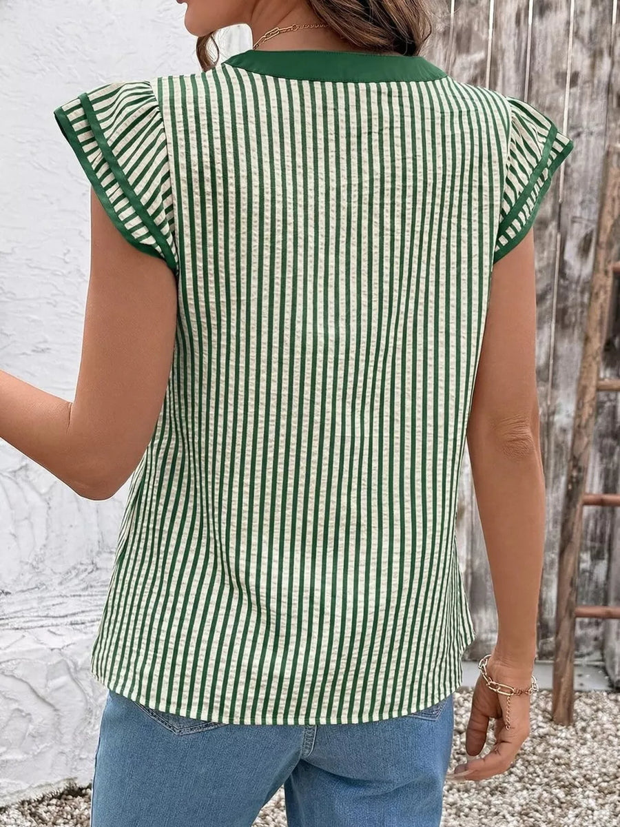 Green and white vertical stripe ruffle sleeve blouse with a green neckline.