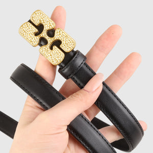 Black cowhide leather belt with textured gold buckle detail.