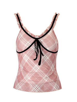 Plaid ruffle trim tank top in pink with black trim and tie detail.