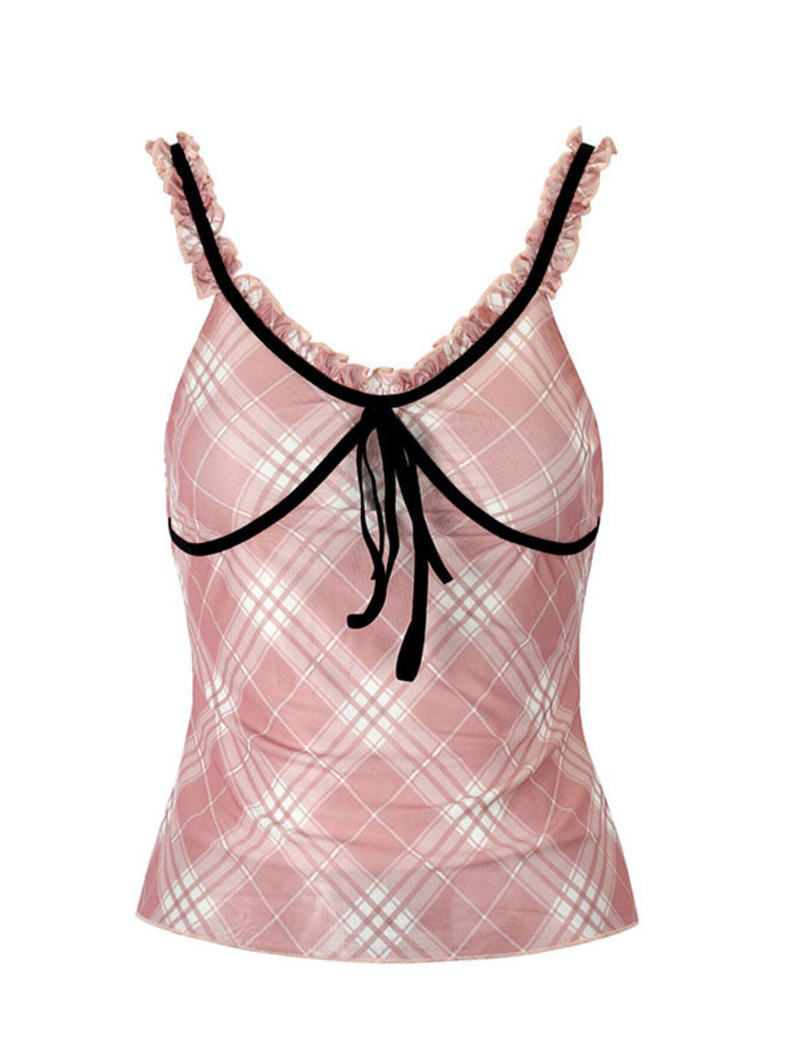 Plaid ruffle trim tank top in pink with black trim and tie detail.