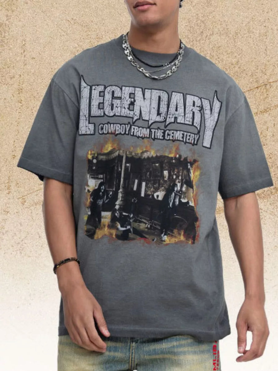 Gray cotton blend t-shirt with bold "Legendary Cowboy From The Cemetery" graphic and distressed details.