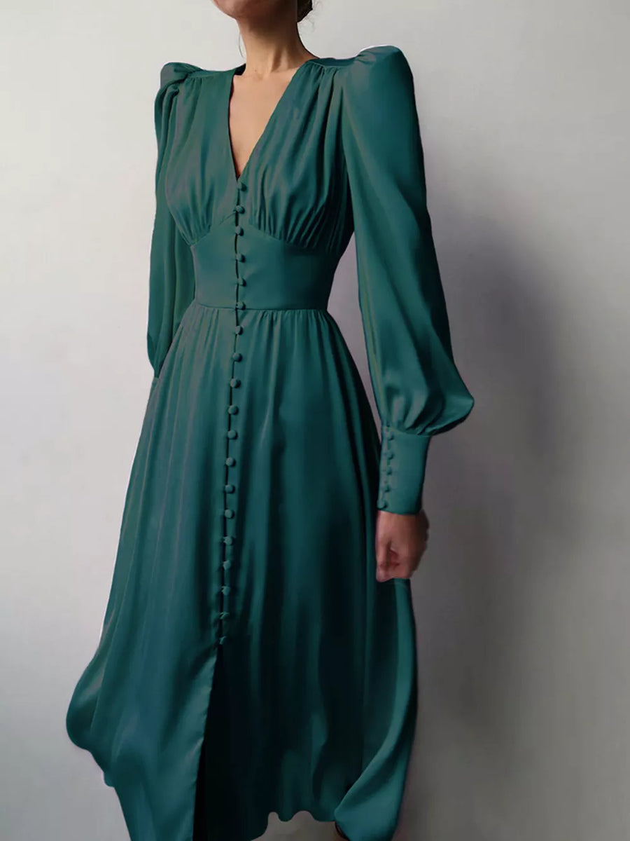 Elegant V-neck Puff Sleeve Button-down Midi Dress in Dark Green