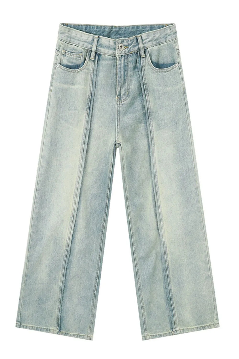 Light wash denim palazzo trousers with front seams and wide legs.