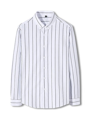 White cotton blend long sleeve button-down shirt with black vertical stripes.