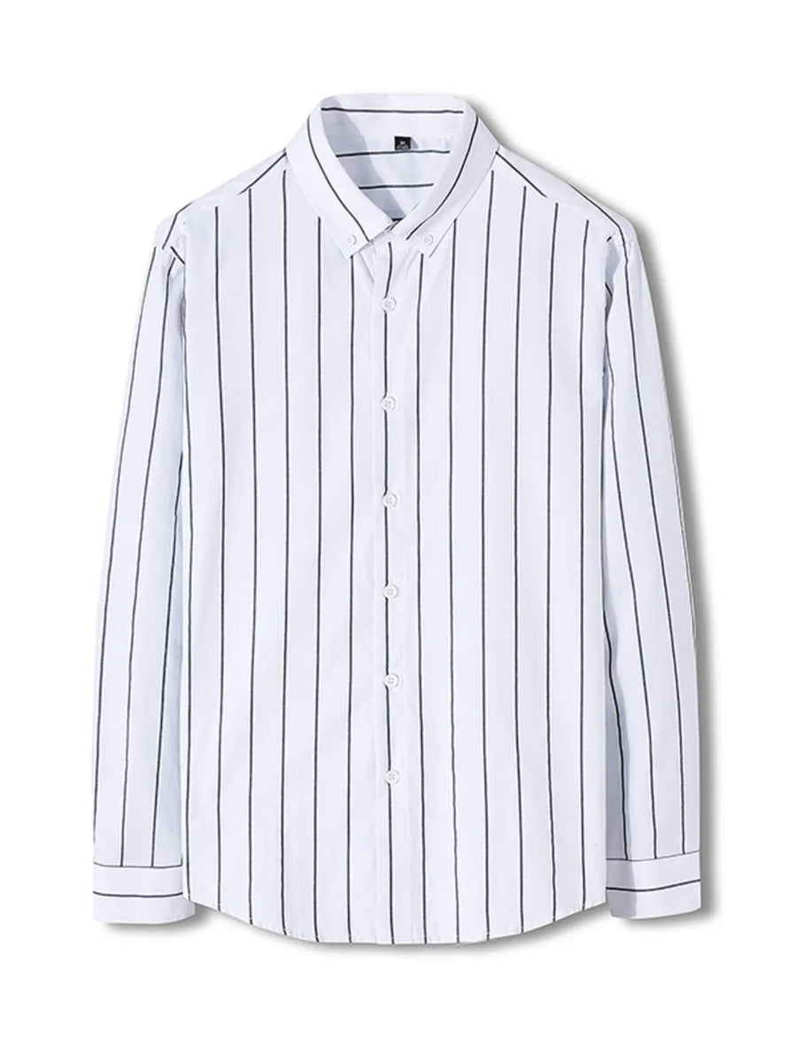 White cotton blend long sleeve button-down shirt with black vertical stripes.