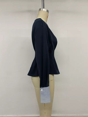 Round Neck Peplum Top With Striped Cuffs in Dark Blue with buttoned cuffs
