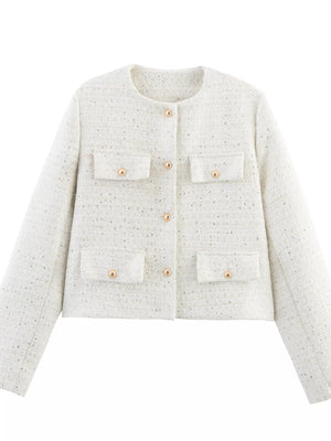 White cropped tweed button-up jacket with four pockets and gold buttons.