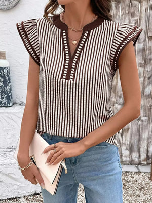 Vertical stripe blouse with ruffle sleeves and v-neck in black and tan.