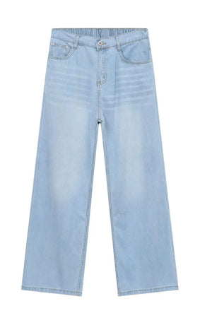 Light wash wide-leg denim jeans with a relaxed fit and elastic waistband.