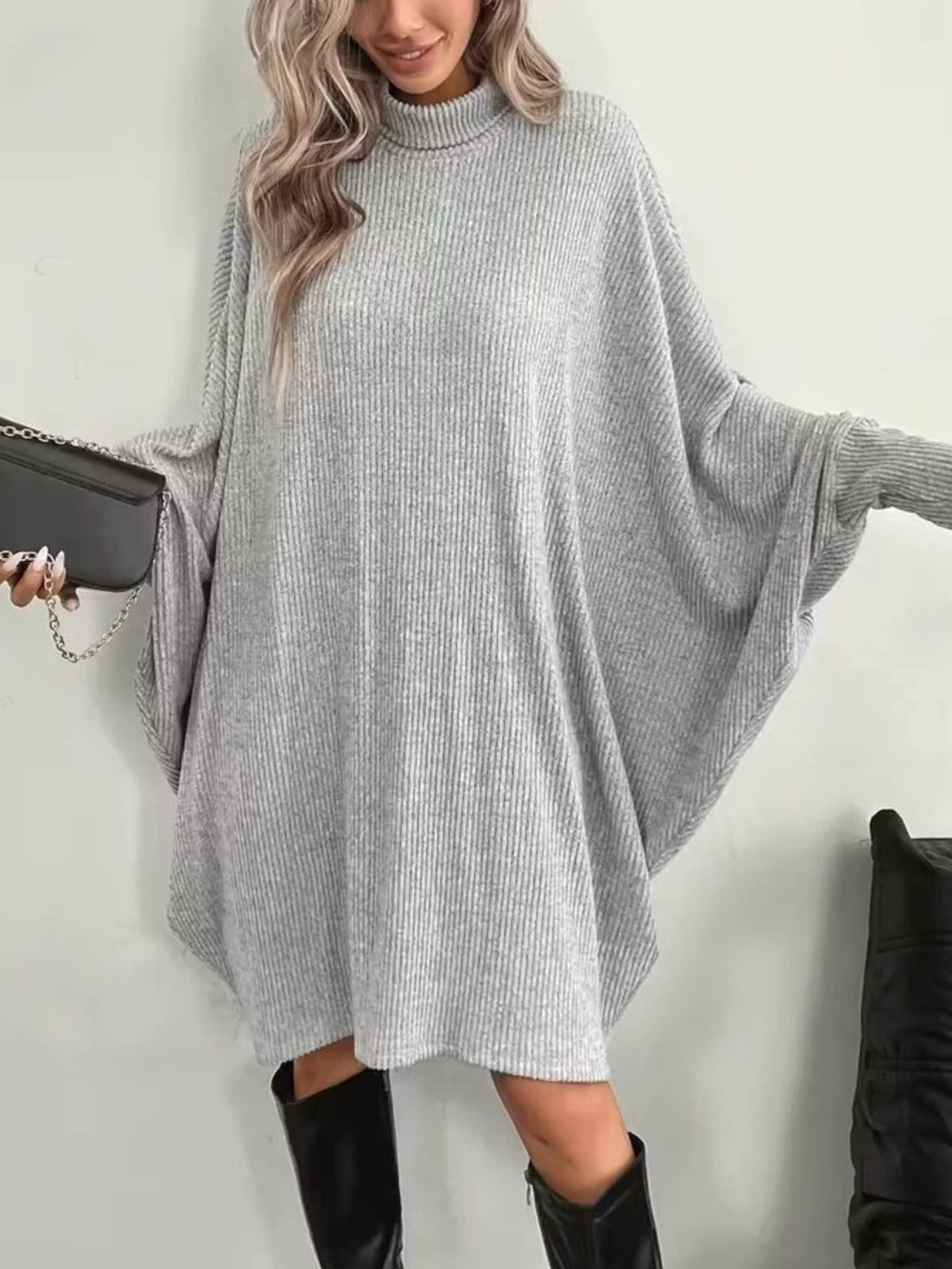 light gray sweater dress with ribbed knit and turtleneck