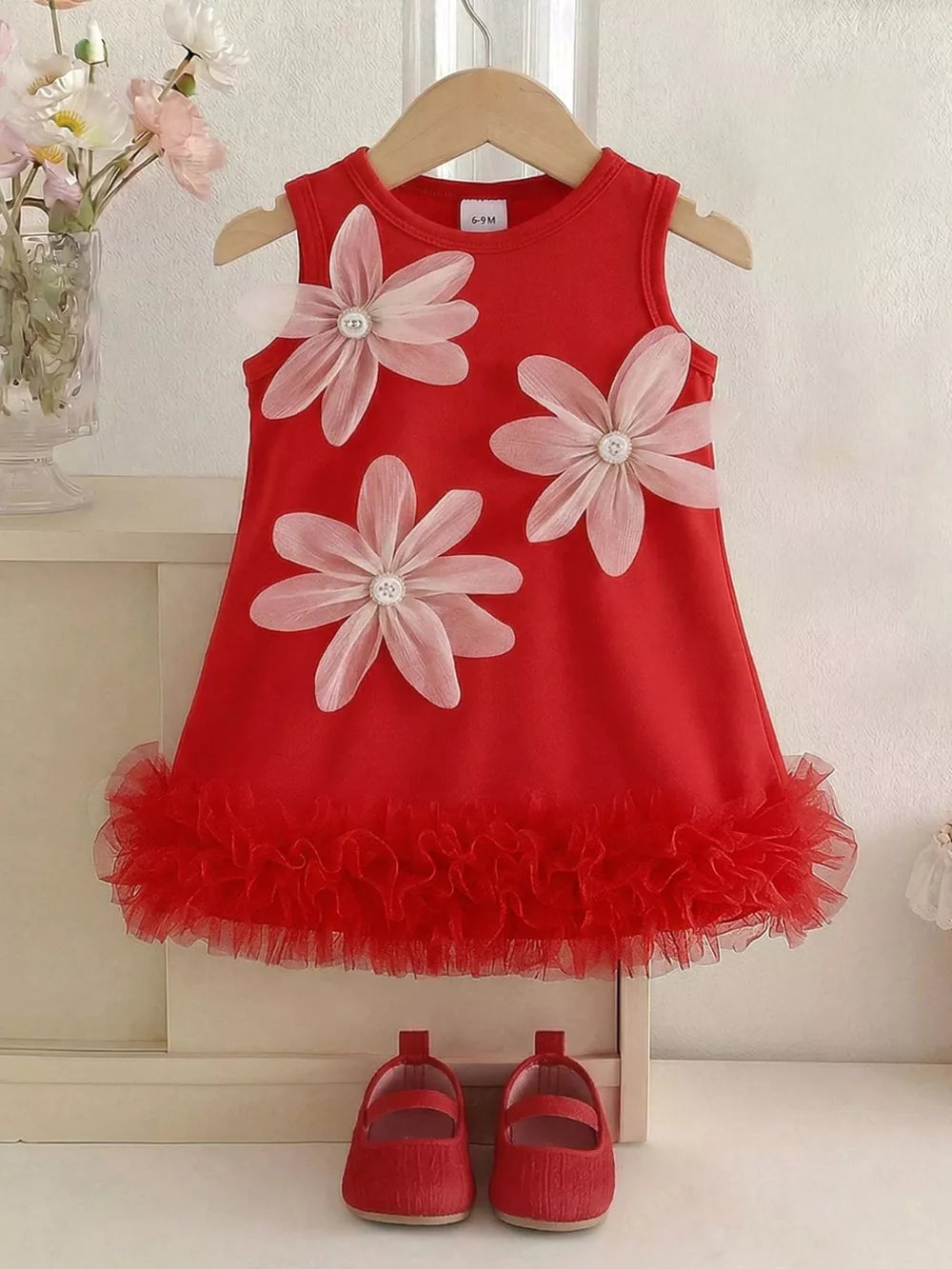 Red Children's Flower Sleeveless Round Neck Dress