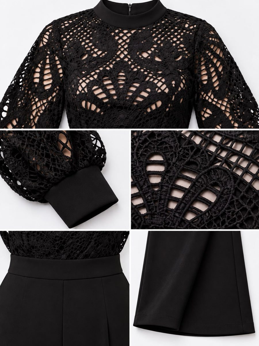Full Size Lace Lantern Sleeve Flare Jumpsuit in Black